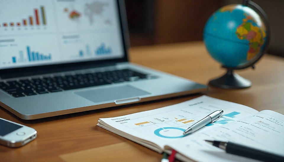 A laptop displaying charts, a pen on an open notebook, and a globe on a wooden desk, with a smartphone nearby.