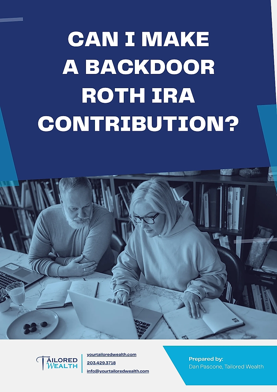 Two individuals reviewing financial documents and a laptop, discussing backdoor Roth IRA contributions.