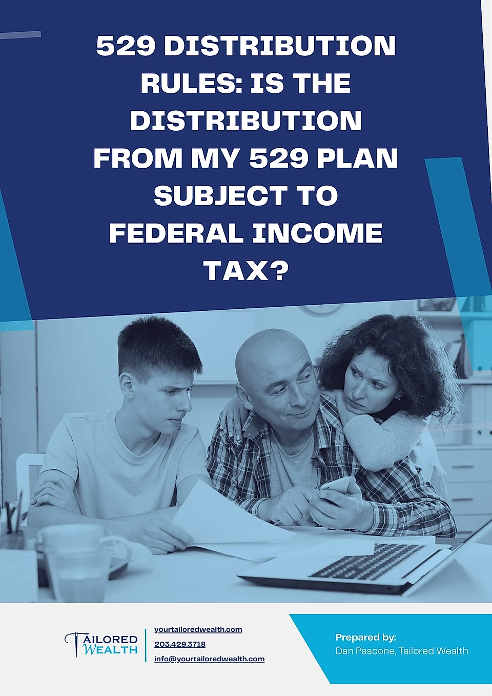 A family discussing financial documents and a laptop, focused on 529 plan distribution rules and taxes.