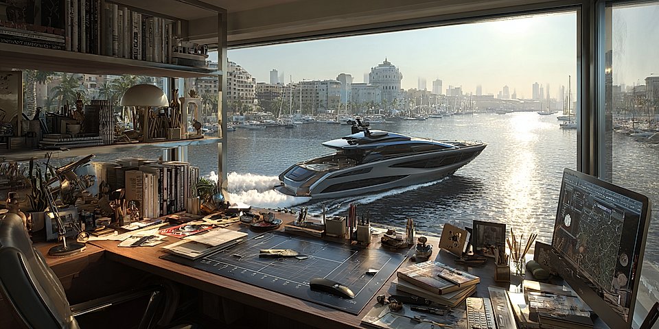 Modern office with a desk full of items, overlooking a marina with a luxury yacht sailing on water.