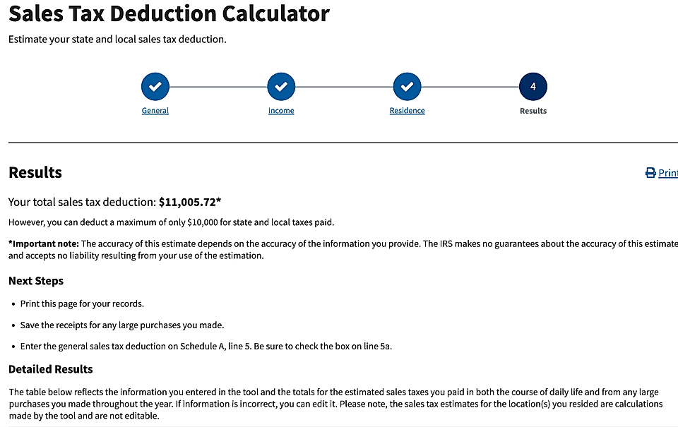 Sales Tax Deduction Calculator results showing total deduction of $11,005.72, with important notes and next steps.