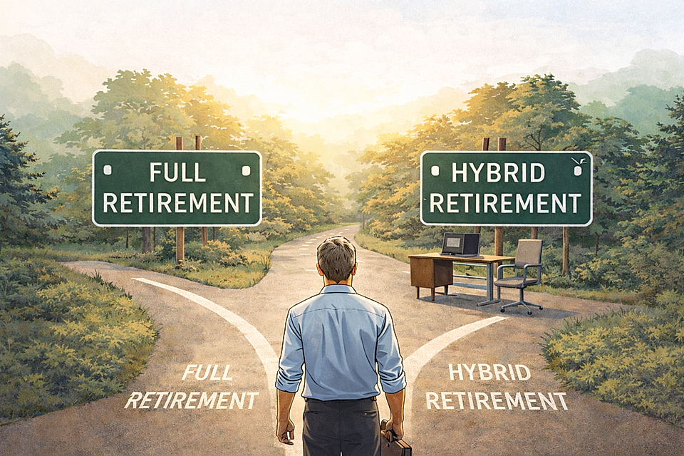 A man stands at a crossroads marked 'Full Retirement' and 'Hybrid Retirement,' surrounded by trees and a desk.