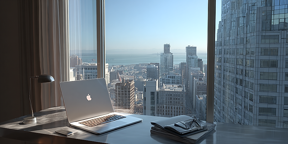 Modern workspace with a laptop, notepad, and city skyline view from a high-rise office window.