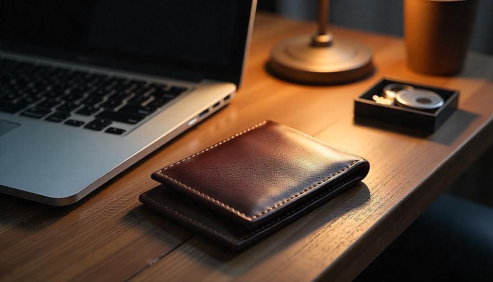 A brown leather wallet on a wooden desk beside a laptop, lamp, and a small box with items.