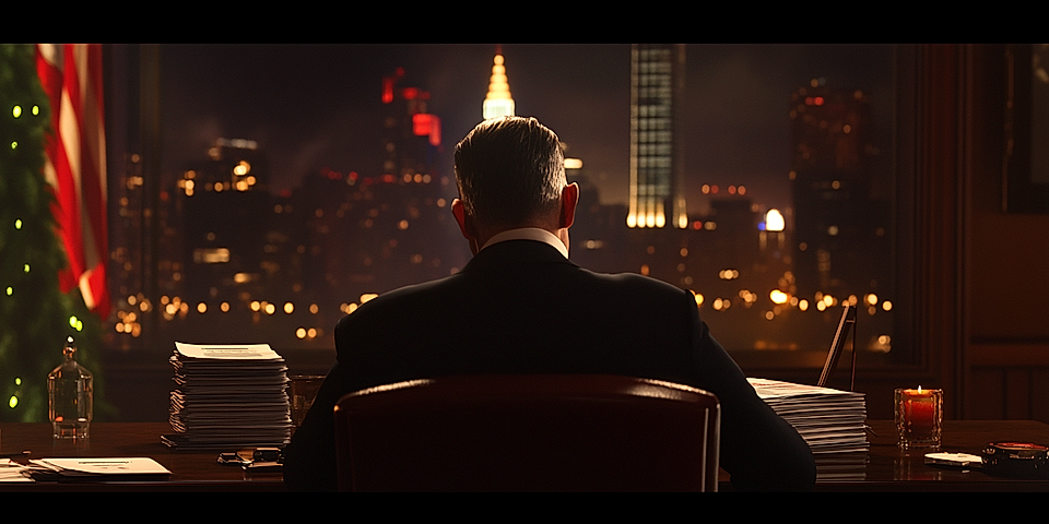 A businessman sits at a desk stacked with papers, facing a city skyline at night, with a candle and an American flag nearby.