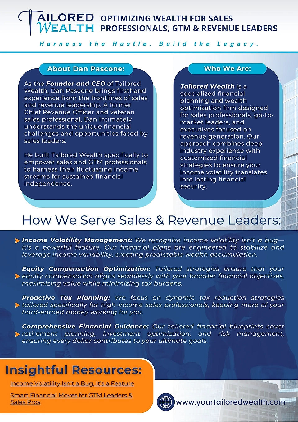 Infographic detailing financial services for sales professionals by Tailored Wealth, featuring founder Dan Pascone.