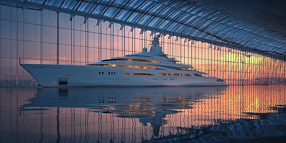 Luxurious yacht docked in a spacious marina with a glass facade and sunset reflections on the water.