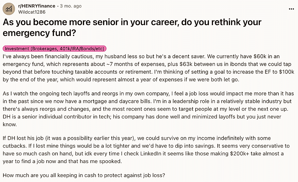 A Reddit post discussing emergency funds, job security, and savings strategies in response to potential layoffs.