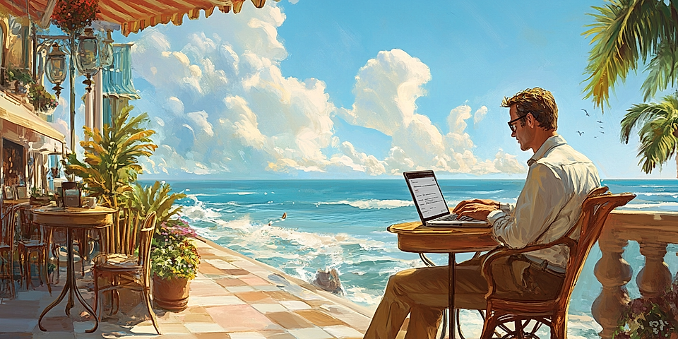 A man sitting at a seaside café, working on a laptop with ocean views and tropical plants in the background.
