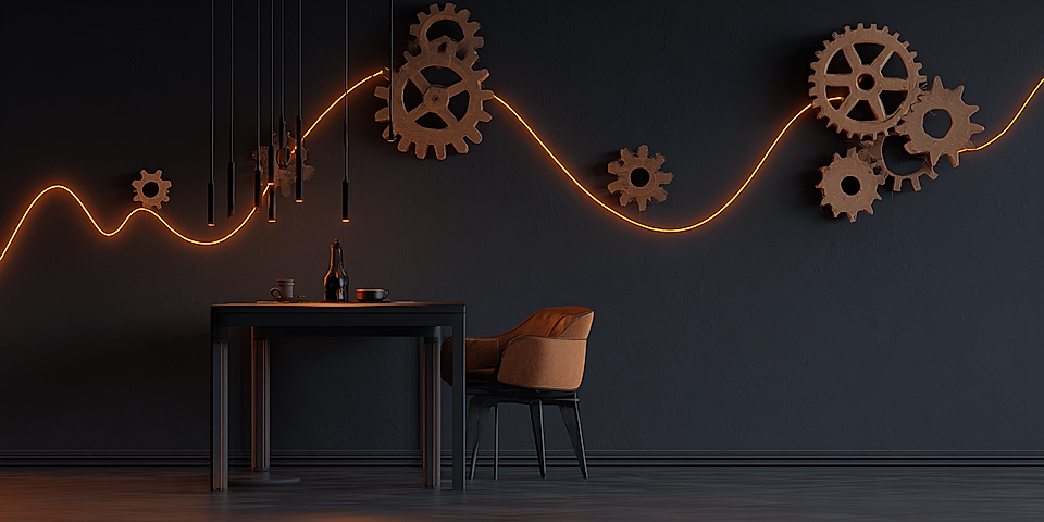 A modern workspace featuring a black wall with decorative gears and warm LED lighting, a wooden table, and an orange chair.
