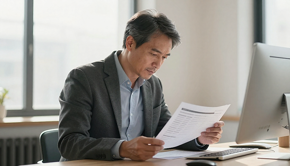 A middle-aged man in a blazer reviews documents at his desk while seated at a computer in a bright office.