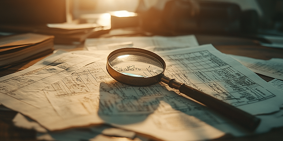 A magnifying glass rests on scattered documents and papers, illuminated by soft sunlight.