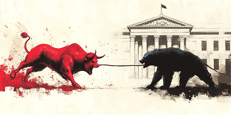 Illustration of a red bull and a black bear pulling against each other in front of a classical building.
