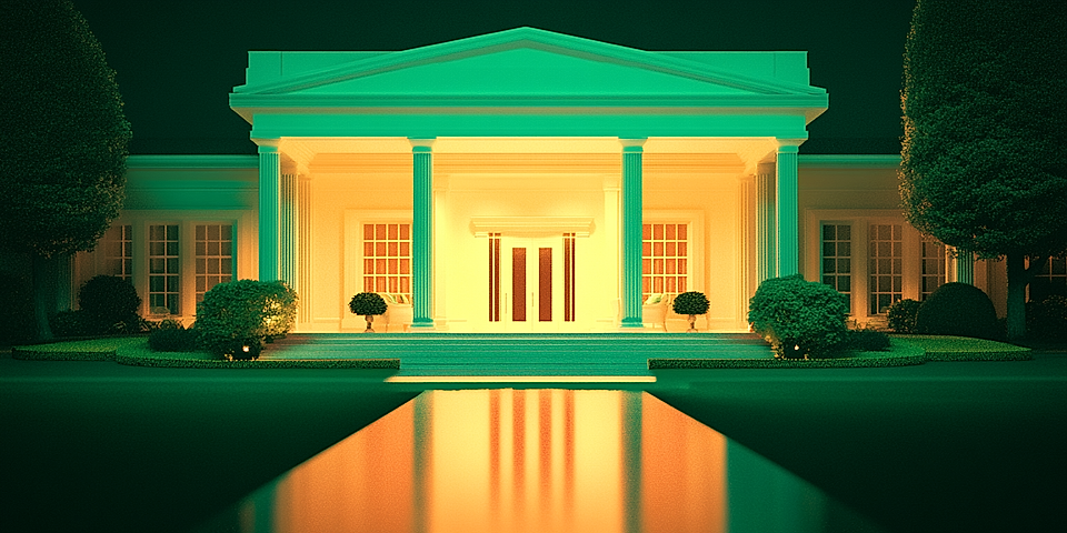 Illuminated white building with columns, reflecting pool, and landscaped greenery, showcasing a modern architectural design.