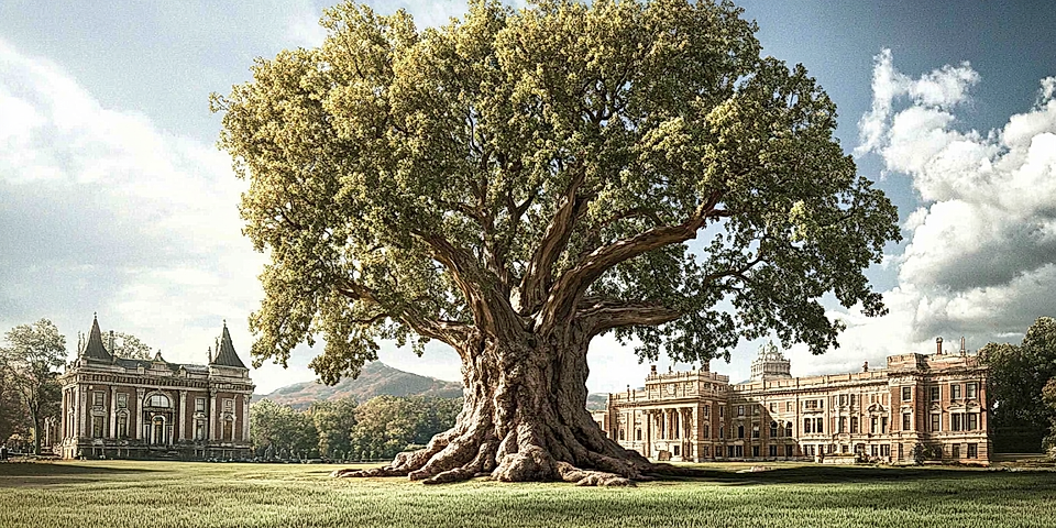 A large tree stands in front of grand historic buildings under a partly cloudy sky, surrounded by green grass.