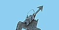 Metal sculpture of a stylized upward arrow with a circular element, set against a light blue background.