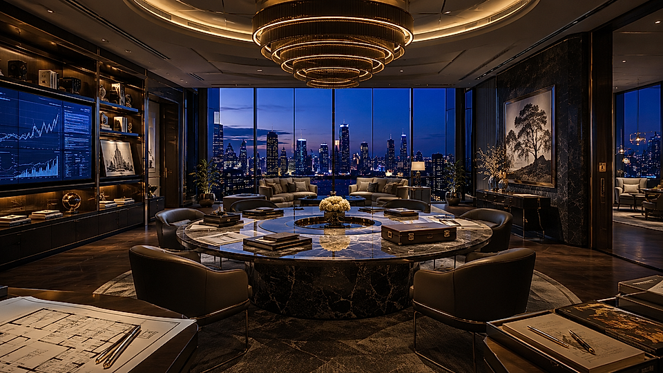 Luxury office lounge with city skyline view, round conference table, and wall-mounted data screens