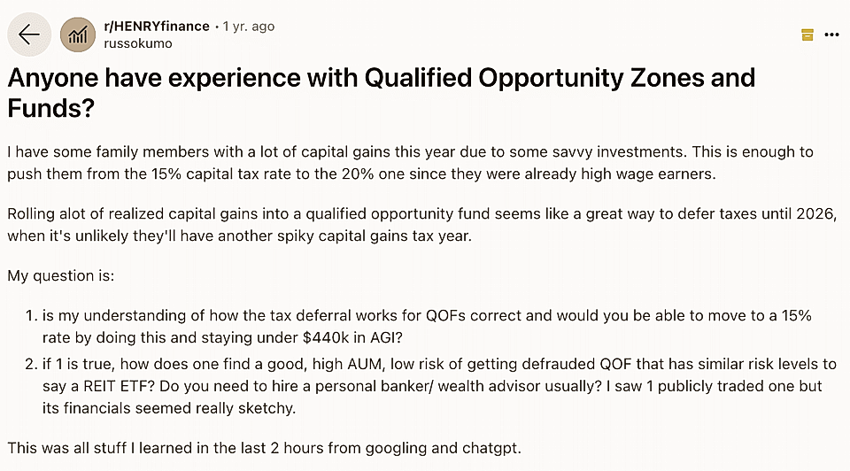 Screenshot of a Reddit post discussing Qualified Opportunity Zones and Funds, highlighting tax deferral strategies.