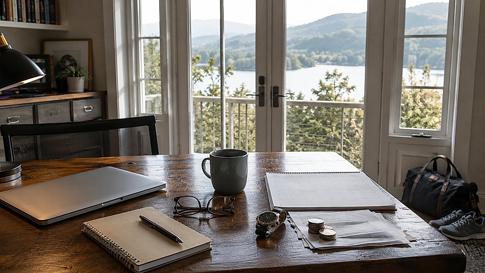 Home office desk with laptop, notebook, mug, glasses, watch, papers, and a lake view through French doors.