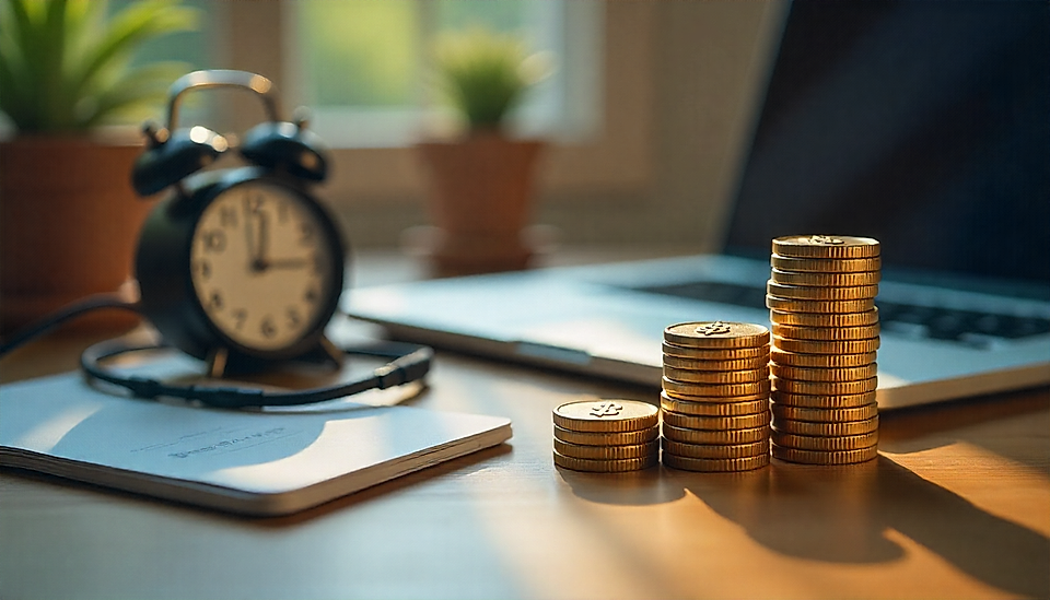 A work desk featuring a black alarm clock, stacks of gold coins, a laptop, and green plants in the background.