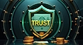 A vault with a shield featuring the word 'TRUST' and gold coins, symbolizing security and reliability in finance.