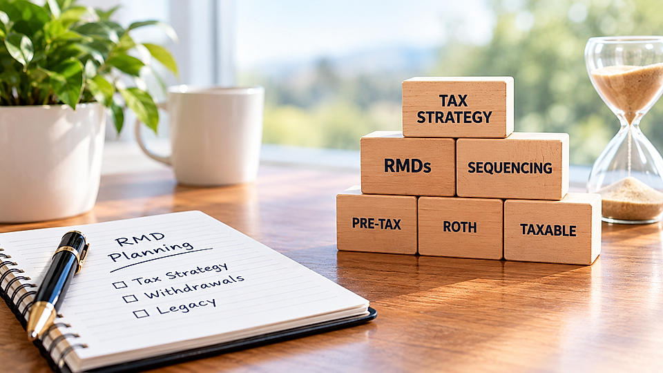 RMD planning notes with stacked tax strategy blocks on a desk
