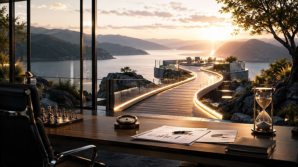 Modern office overlooking a sunset seascape with a winding illuminated boardwalk, desk, chess set, and hourglass.