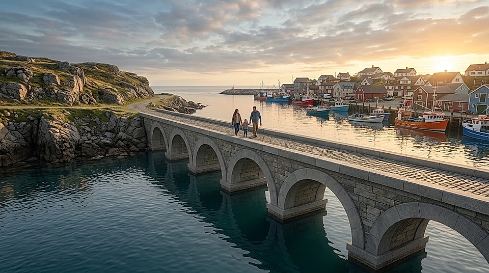 Stone arched bridge over harbor water with boats, houses, and people at sunset