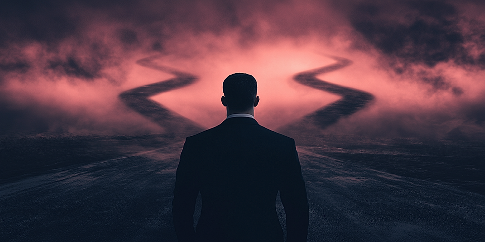 A person in a suit facing a forked path in a misty landscape, with dramatic red and black hues in the background.