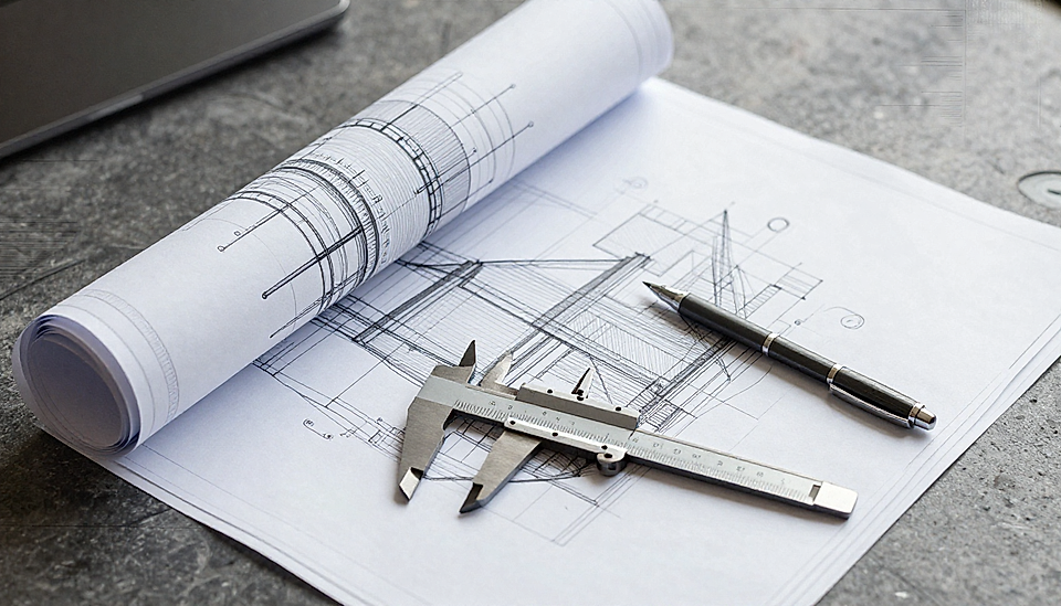 Blueprints rolled out on a gray surface, with a caliper and pen beside them, ideal for engineering or architecture.