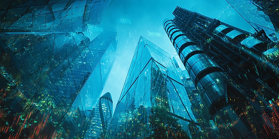 A futuristic cityscape featuring tall glass buildings and a blue-toned digital overlay, showcasing modern architecture.