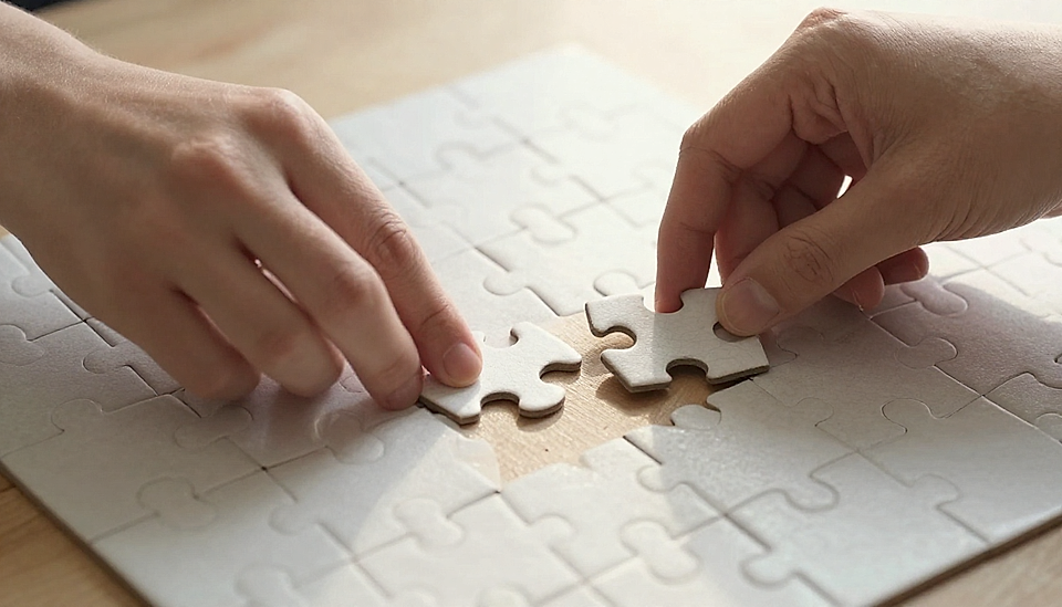 Two hands placing puzzle pieces together on a wooden table, completing a jigsaw puzzle.