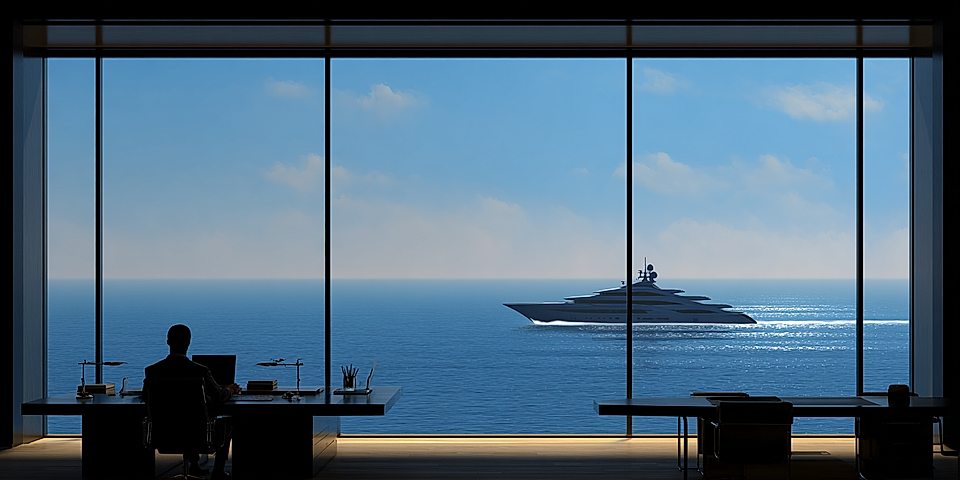 A silhouette of a person sitting at a desk, overlooking a yacht sailing on calm blue ocean waters through large windows.