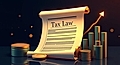 Illustration of a scroll labeled 'Tax Law' alongside coins and bar graphs, indicating financial growth and legal aspects.