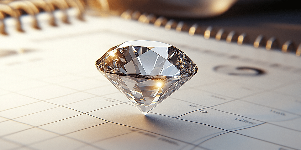 A diamond sitting on an open calendar page, reflecting light, with a spiral-bound edge in the background.