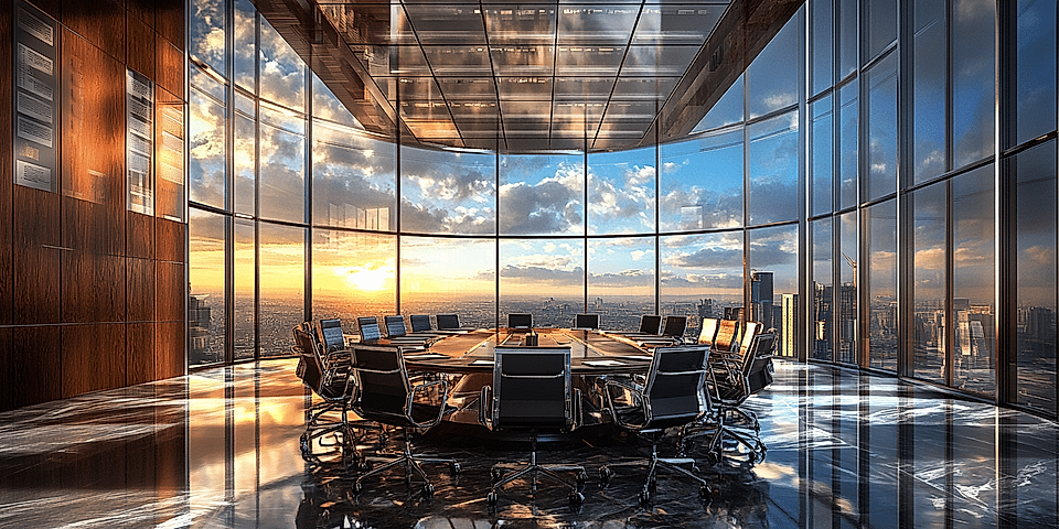 Modern conference room with large glass windows, circular table, and city skyline at sunset.