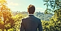 A man in a suit standing outdoors, facing a sunny landscape with trees and mountains in the background.