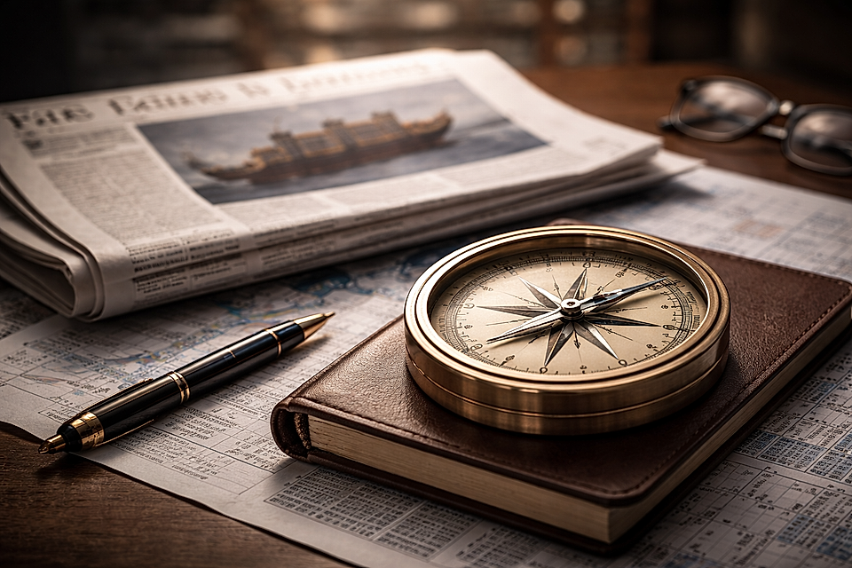 A compass on a leather notebook, a pen, a map, and a newspaper on a wooden desk, with glasses in the background.