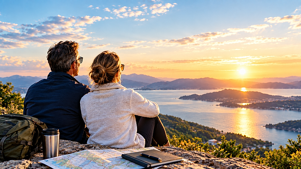 Couple sitting on a hillside overlooking a sunset bay, with a map, backpack, and travel mug in the foreground.