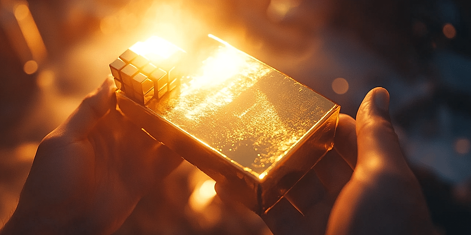 A person holding a shiny gold bar with a small Rubik's Cube on top, illuminated by warm light.