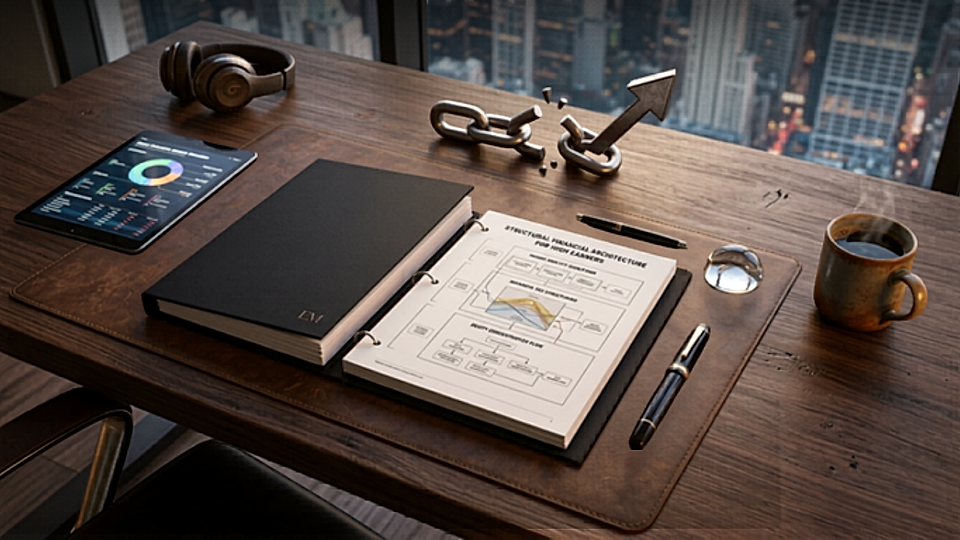 Office desk with notebook, tablet analytics, headphones, pen, coffee mug, and business chart papers by a window.