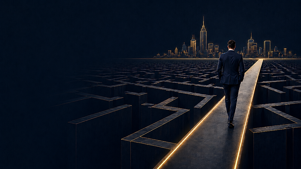 Businessman walking on a glowing path through a maze toward a city skyline at night.