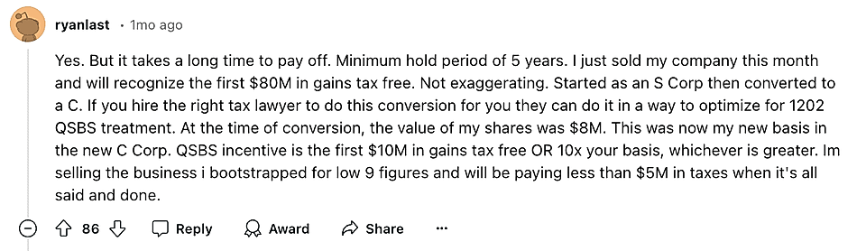 Comment from user ryanlast discussing tax benefits of C Corp conversion and QSBS treatment after selling a business.