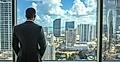 A businessman in a suit stands by a large window overlooking a city skyline with skyscrapers and a bright sky.