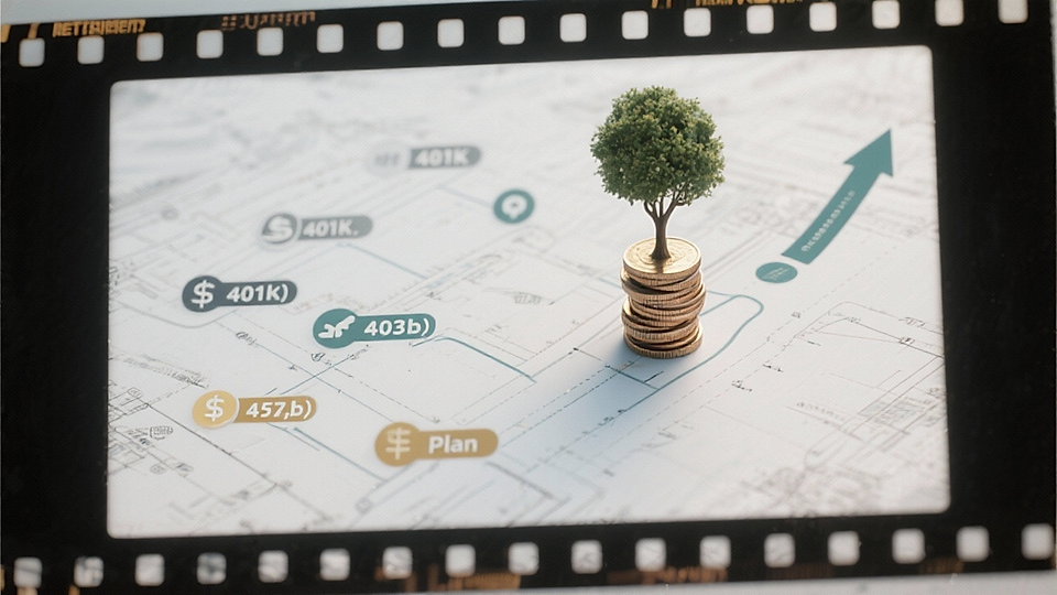A miniature tree on stacked coins, with a light blueprint background showing financial terms like 401K and 403B.
