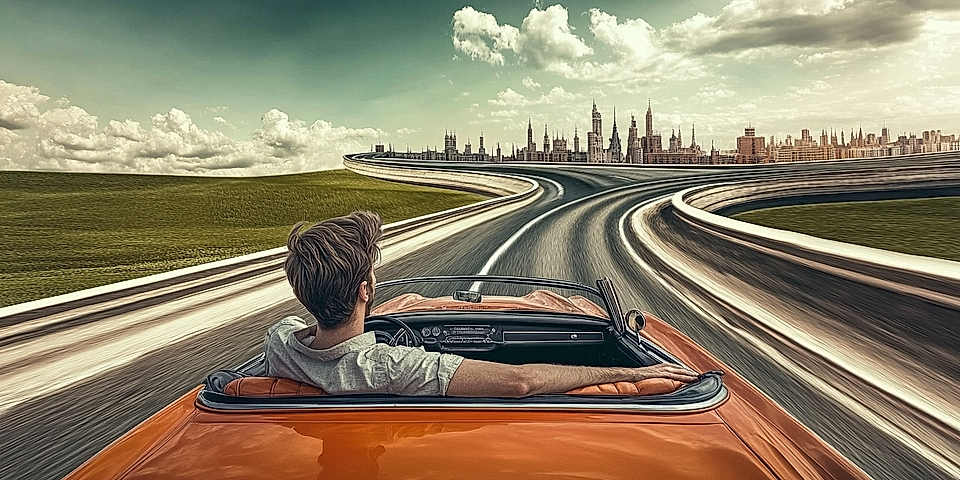 A person driving an orange convertible on a curved highway with a skyline in the background under a cloudy sky.