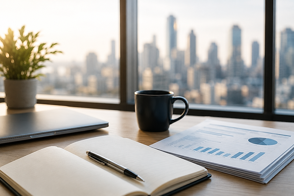 Office desk with laptop, notebook, pen, coffee mug, and business charts by a city window