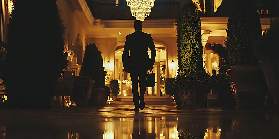 A silhouetted figure in a suit walks through an elegantly lit hotel entrance, reflecting polished floors and chandeliers.