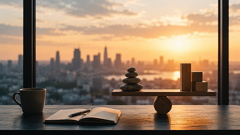 Desk with coffee mug, open notebook and pen beside a balance board with stones and blocks at sunset skyline