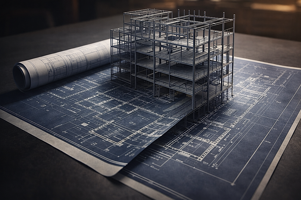 A detailed architectural model of a building sits on a blueprint, showcasing construction design and planning.